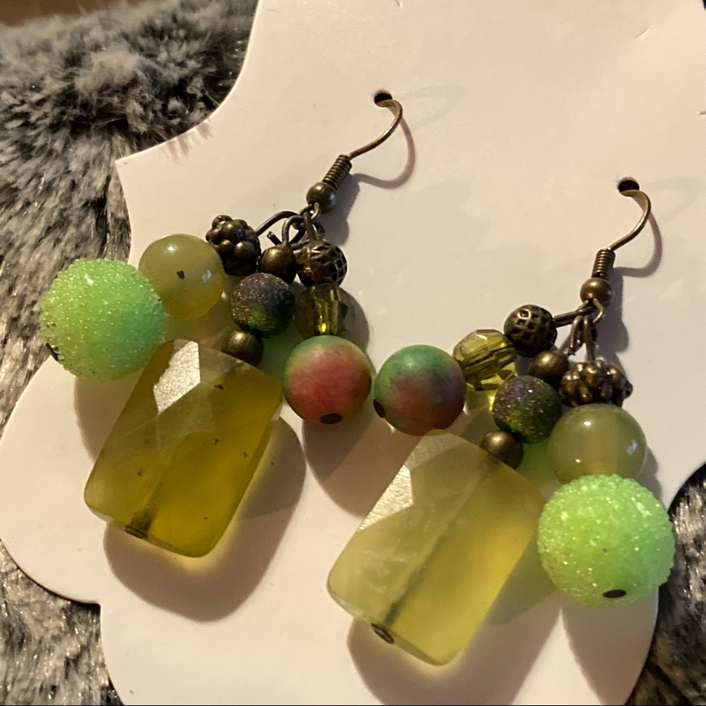 2/$10 New Jade & Fuchsite Chandelier Earrings With Green Glass And Brass Accents